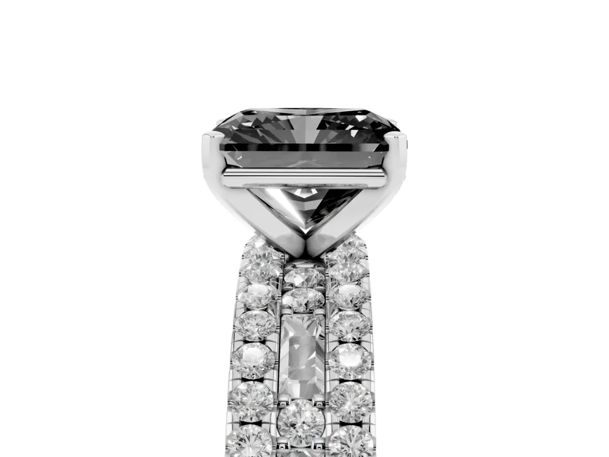 Fancy Black Radiant Cut Diamond Solitaire Ring with Pavé and Channel Set Band Silver