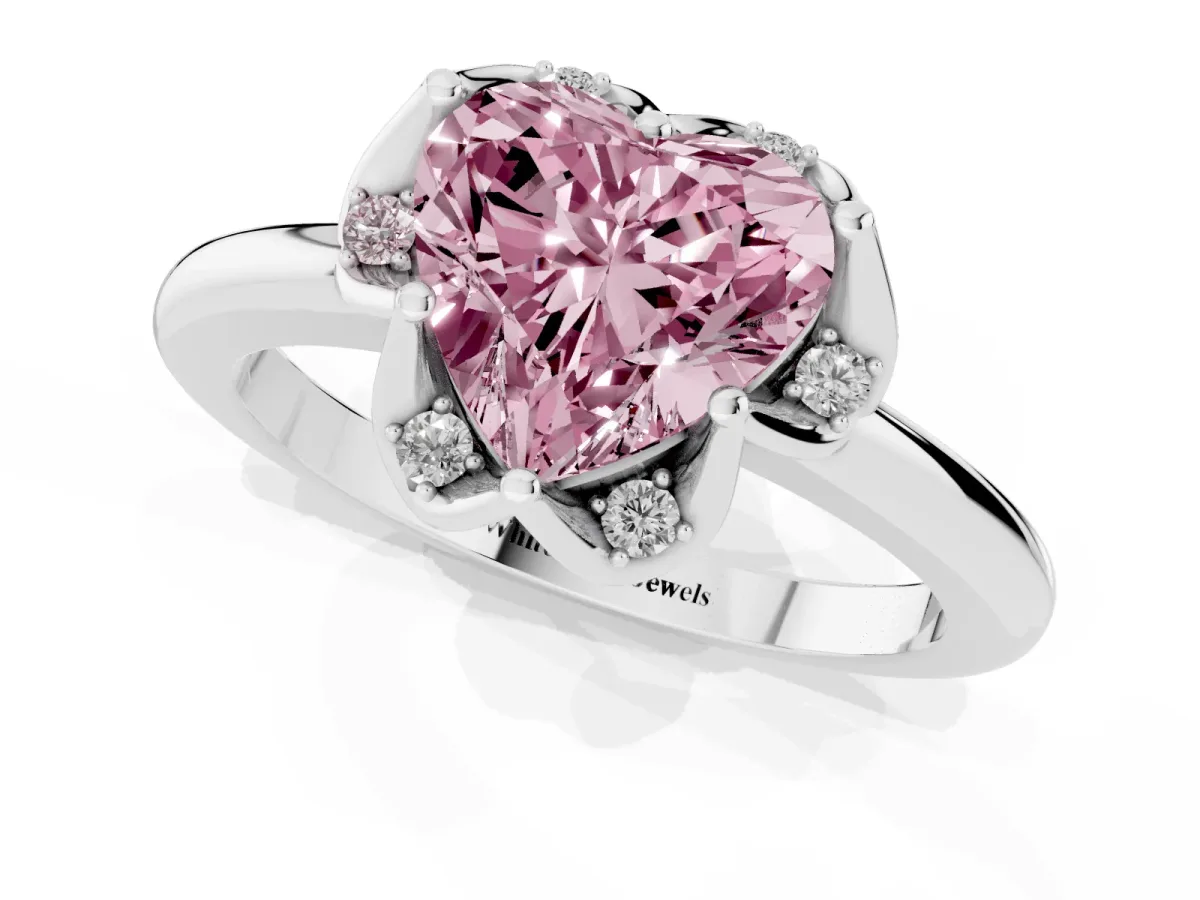 Fancy Pink Heart Cut Halo Diamond Ring with Round Cluster Setting, Solitaire Band, and Four-Prong Setting Silver