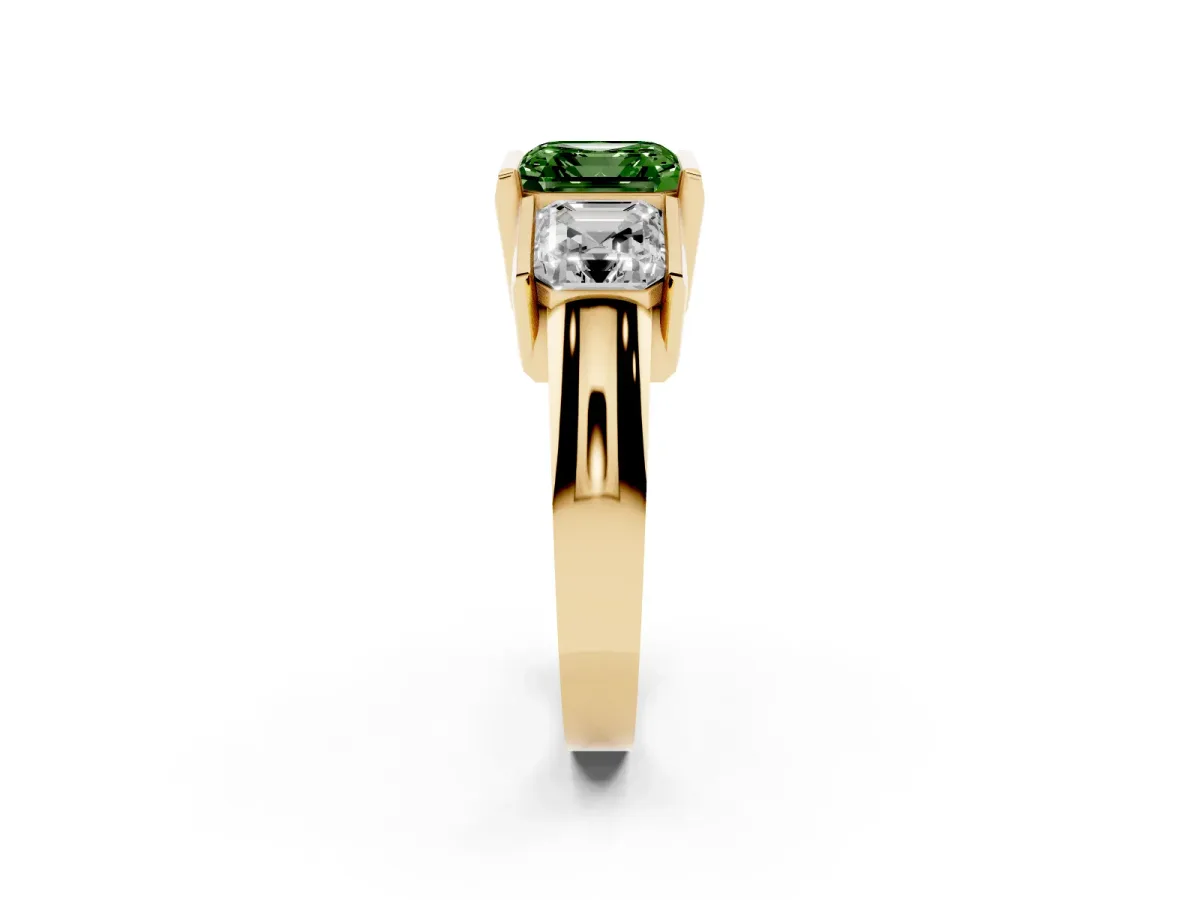 Fancy Green Three Stone Asscher Cut Cut Channel Set Diamond Ring Yellow gold