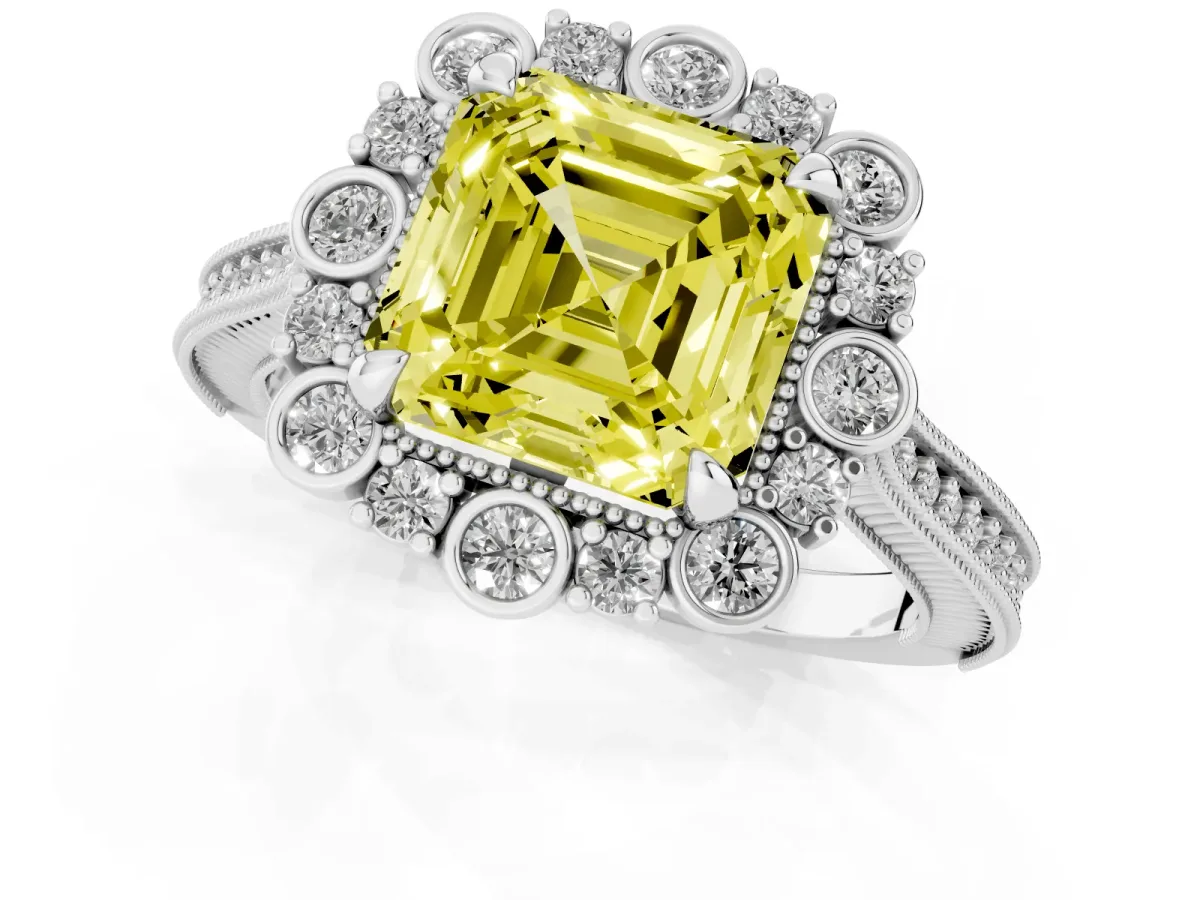Fancy Yellow Asscher Cut Halo Milgrain Pave Diamond Ring with Four-Prong Setting Silver