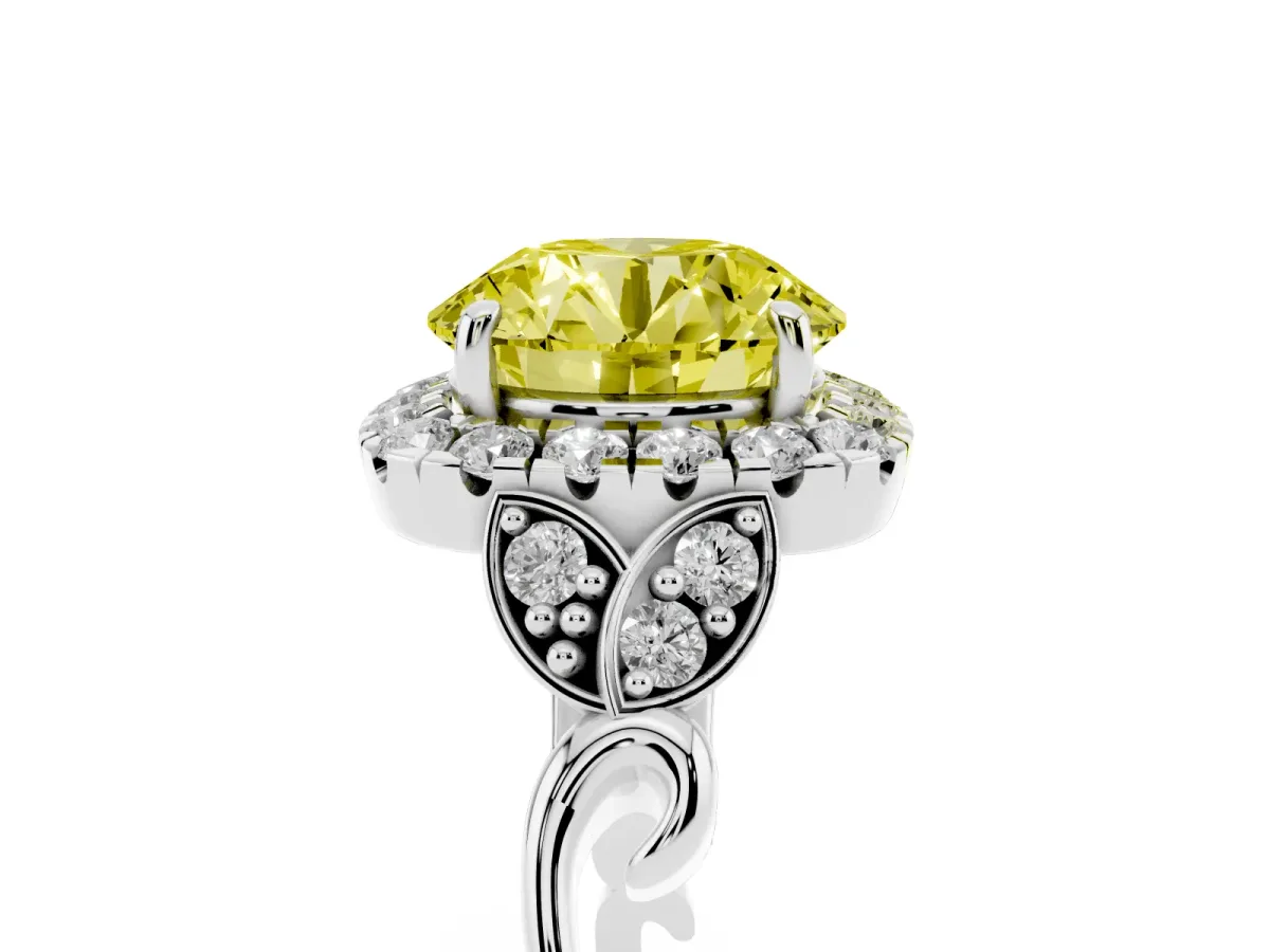 Fancy Yellow Round Cut Halo Diamond Engagement Ring with Vintage-Inspired Band and Four-Prong Setting Silver