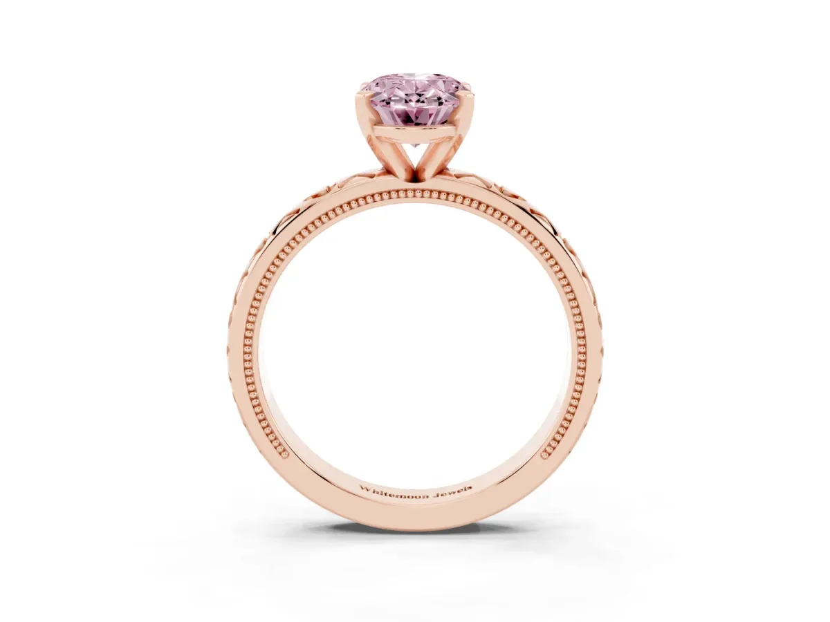 Fancy Pink Oval Cut Solitaire Diamond Engagement Ring with XO Engraved Band and Four-Prong Setting Rose gold