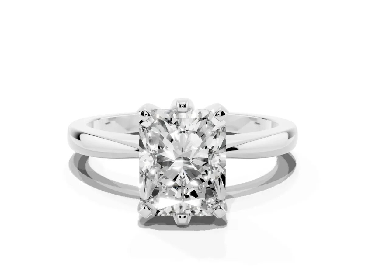 Radiant Cut Solitaire Engagement Ring with Six-Prong Setting and Tapered Band Silver