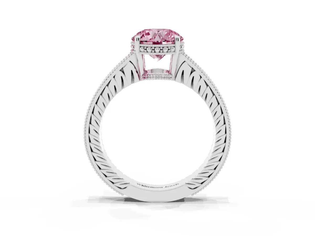 Fancy Pink Round Cut Solitaire Pavé Diamond Milgrain Engagement Ring with Four-Prong Setting Silver