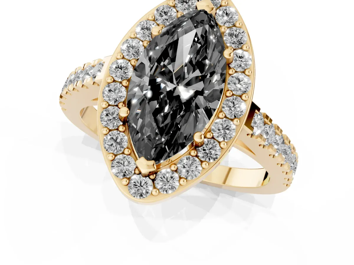 Fancy Black Marquise Cut Diamond Halo Ring with Round Pavé Split Shank and Prong Setting Yellow gold