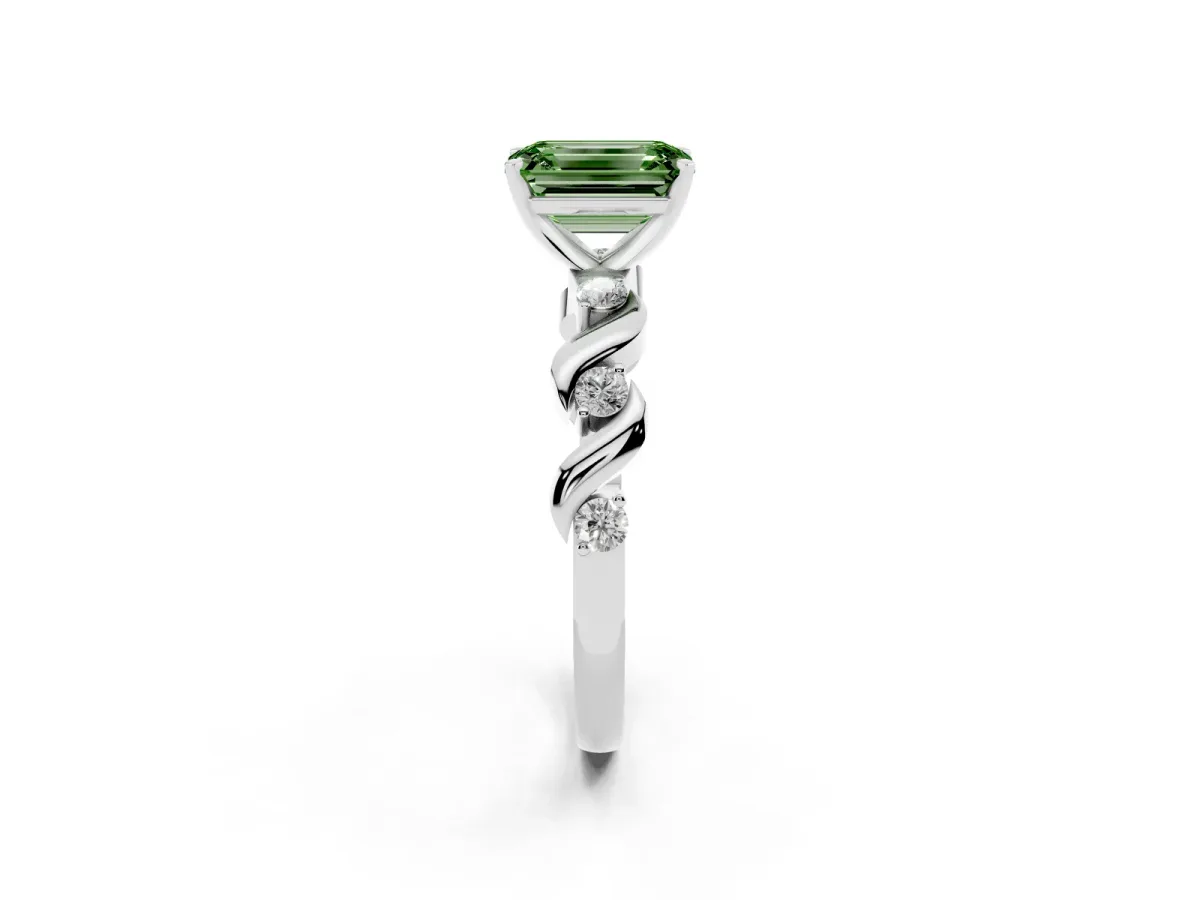 Fancy Green Emerald Cut Diamond Solitaire Twisted Band with Round Accents and Prong Setting White gold