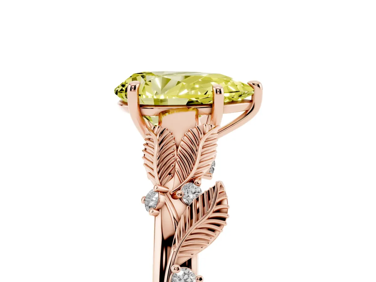 Fancy Yellow Pear Cut Diamond Solitaire Ring with Leaf Motif Band and Four-Prong Setting Rose gold