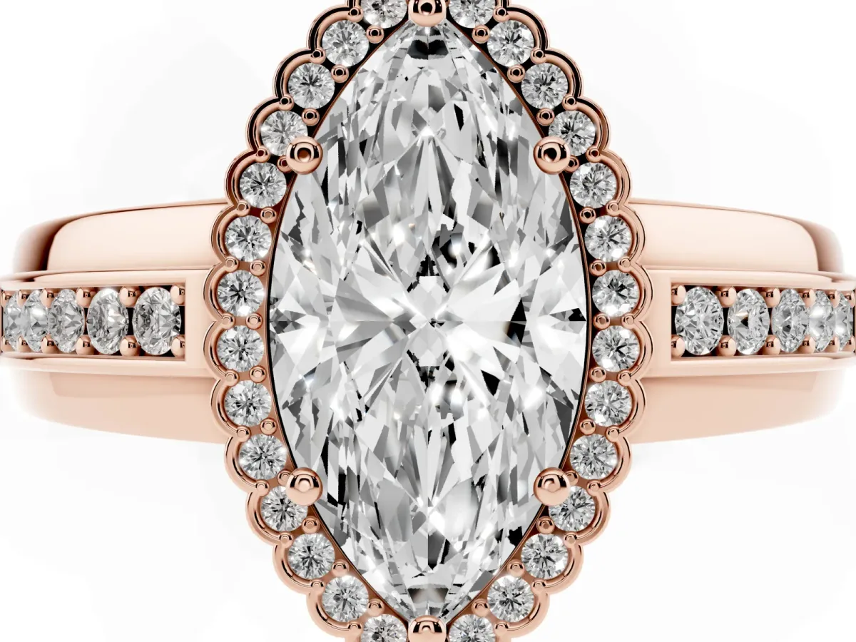 Marquise Cut Cut Halo Pave Band Four-Prong Ring Rose gold