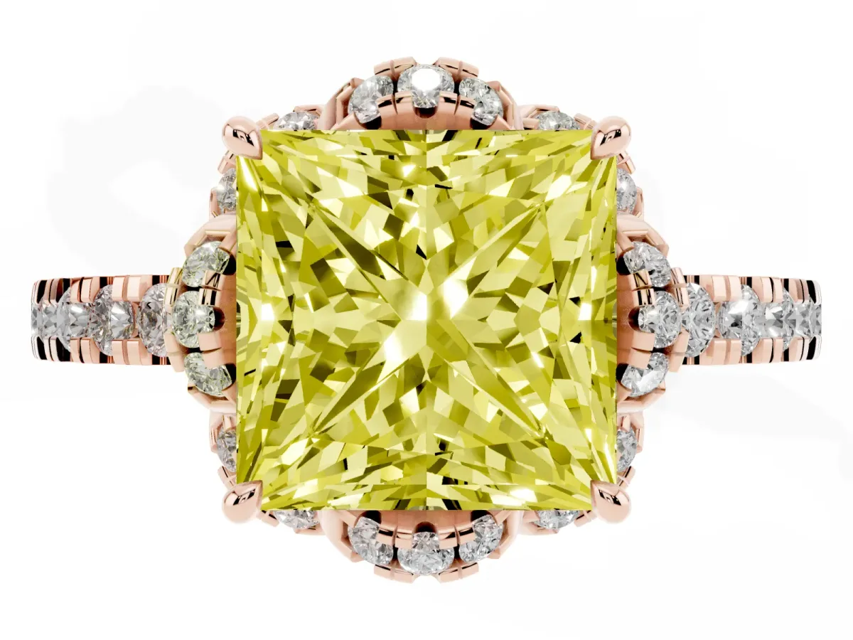 Fancy Yellow Princess Cut Diamond Halo Pave Band with Four-Prong Setting Rose gold