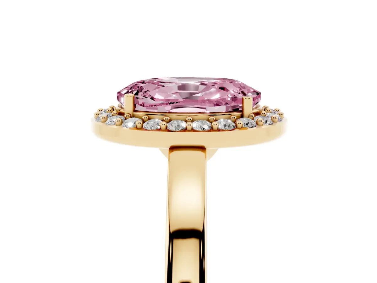Fancy Pink Oval Cut Halo Diamond Ring with Solitaire Band and Prong Setting Yellow gold