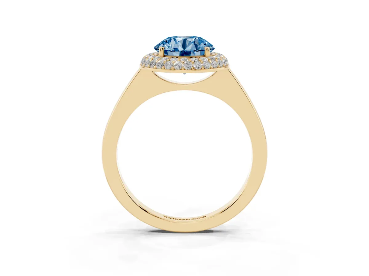 Fancy Blue Round Cut Halo Diamond Engagement Ring with Solitaire Band and Four-Prong Setting Yellow gold