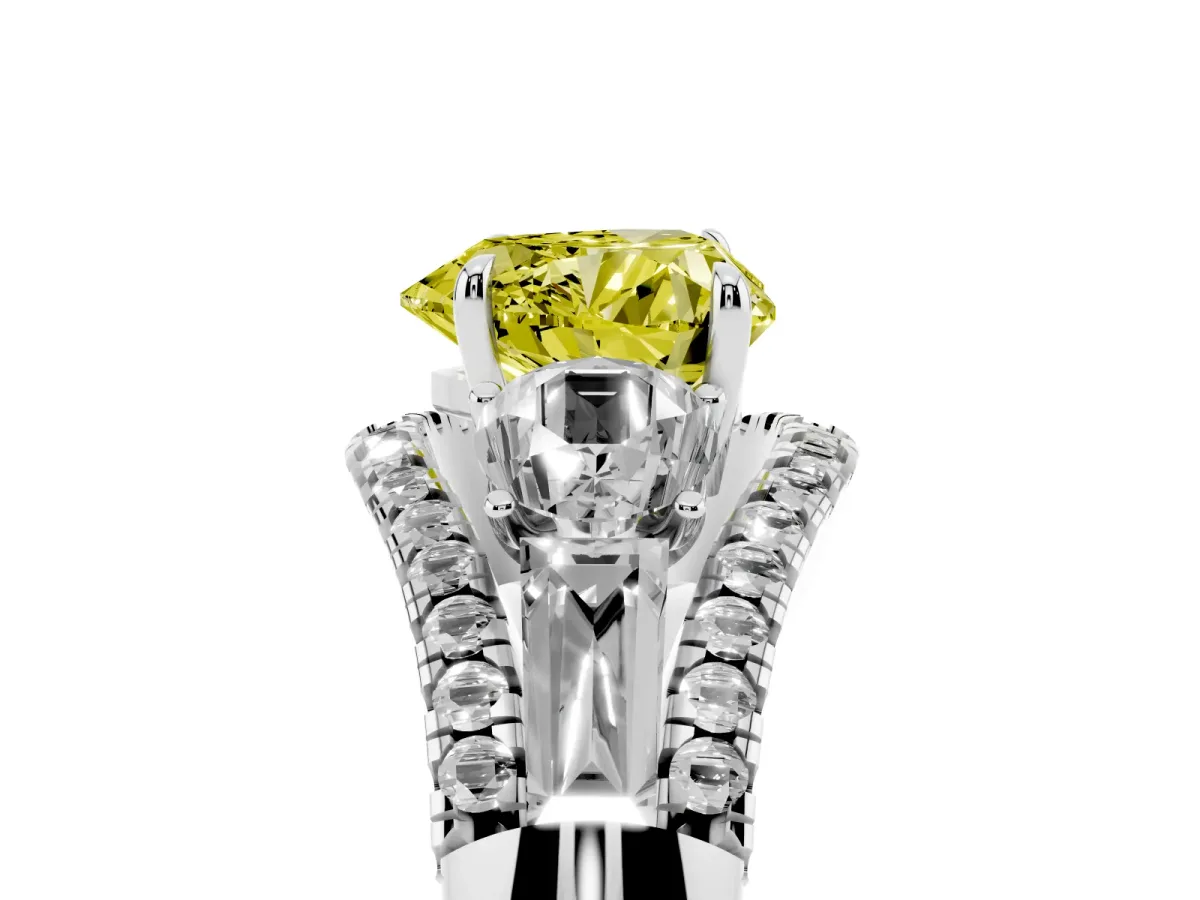 Fancy Yellow Three-Stone Heart Cut Diamond Engagement Ring with Pave Band and Prong Setting Silver