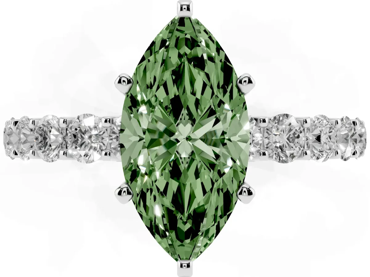 Fancy Green Marquise Cut Diamond Solitaire Ring with Shared Prong Pavé Band and Four-Prong Setting White gold