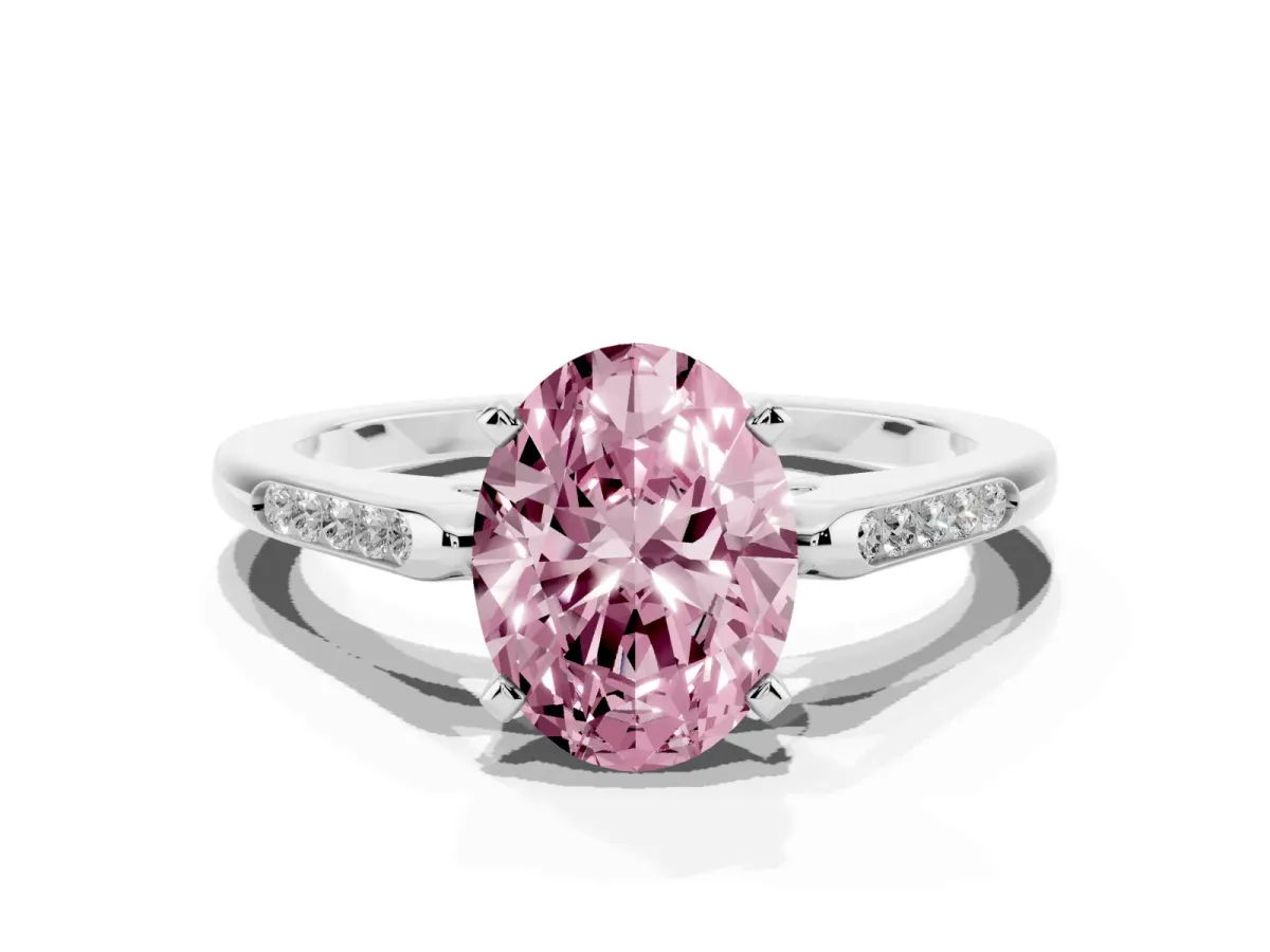 Fancy Pink Oval Cut Diamond Solitaire Ring with Channel Set Round Band and Prong Setting Silver