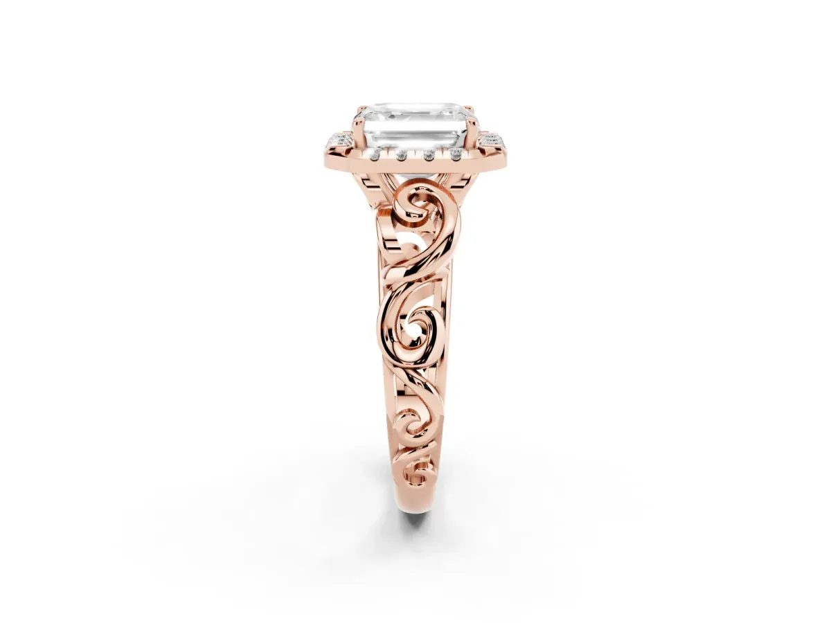 Asscher Cut Cut Halo Diamond Ring with Scrollwork Band and Four-Prong Setting Rose gold