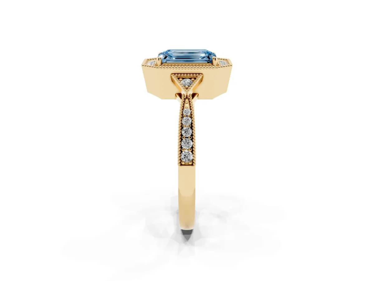 Fancy Blue Emerald Cut Halo Round Diamond Milgrain Pave Engagement Ring Yellow gold