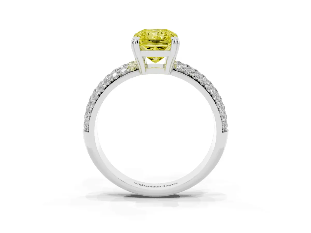 Fancy Yellow Radiant Cut Diamond Solitaire Ring with Multi-Row Round Pavé Band and Prong Setting White gold