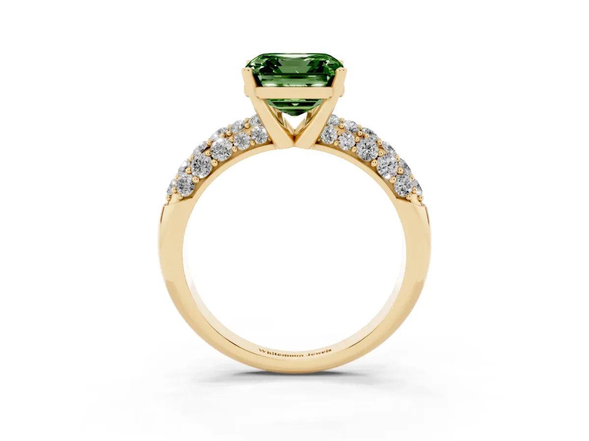 Fancy Green Asscher Cut Diamond Pavé Band Solitaire Ring with Four-Prong Setting Yellow gold