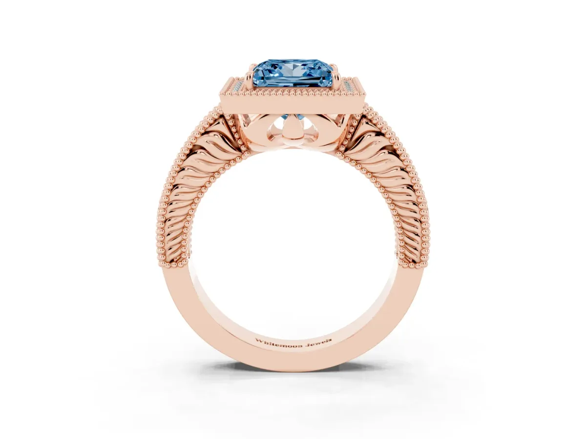 Fancy Blue Princess Cut Cut Halo Diamond Ring with Pavé Band and Four-Prong Setting Rose gold