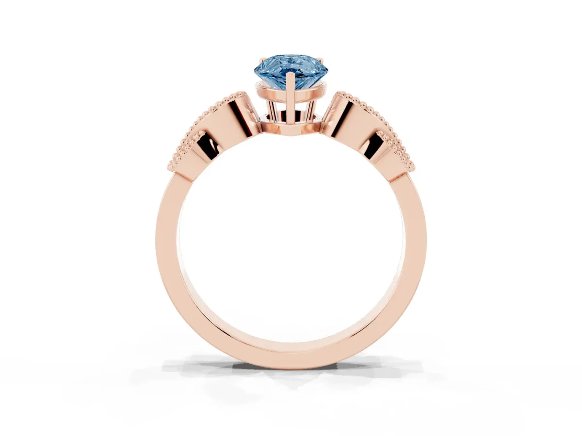 Fancy Blue Pear Cut Solitaire Milgrain Leaf Band with Prong Setting Rose gold