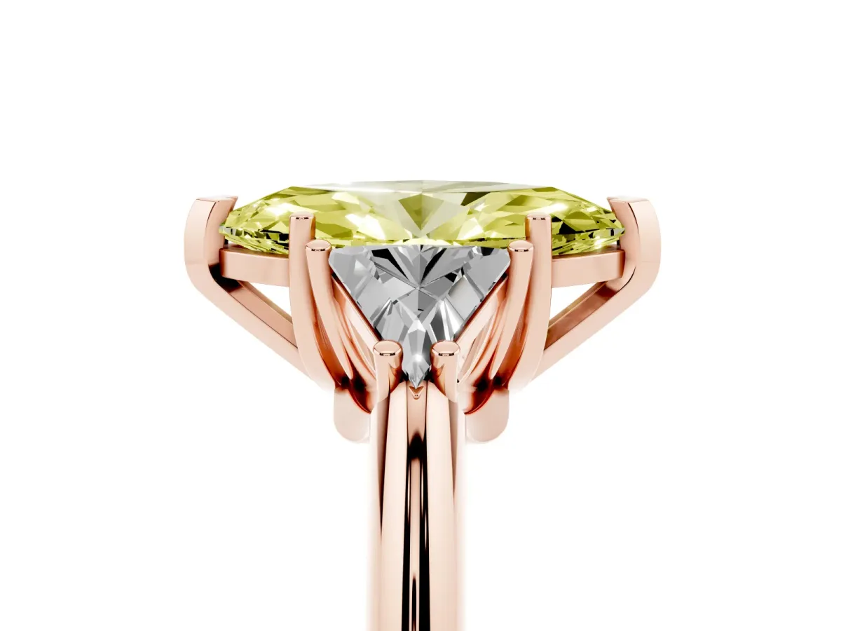 Fancy Yellow Three-Stone Marquise Cut Diamond Engagement Ring with Trillion Side Stones and Prong Setting Rose gold