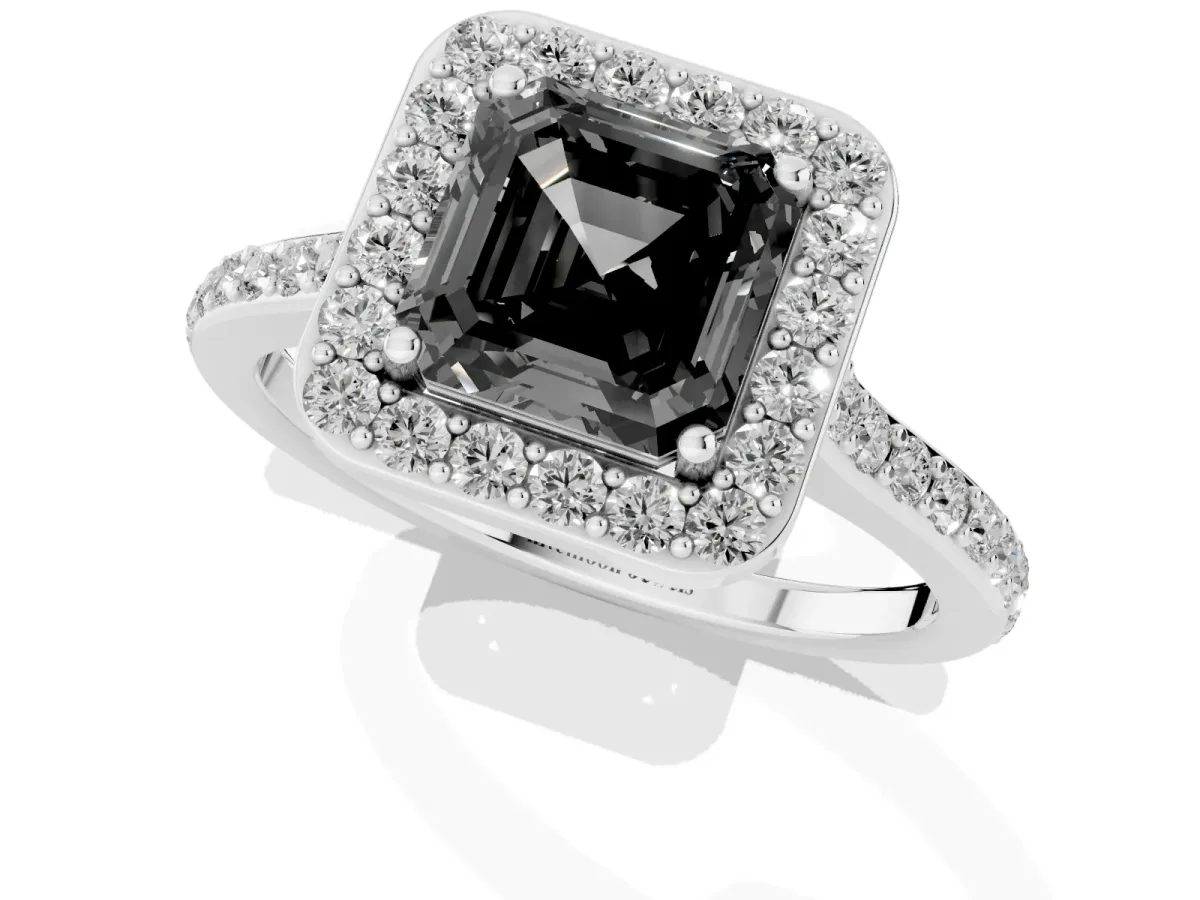 Fancy Black Asscher Cut Diamond Halo Engagement Ring with Round Pavé Shoulders and Prong Setting Platinum