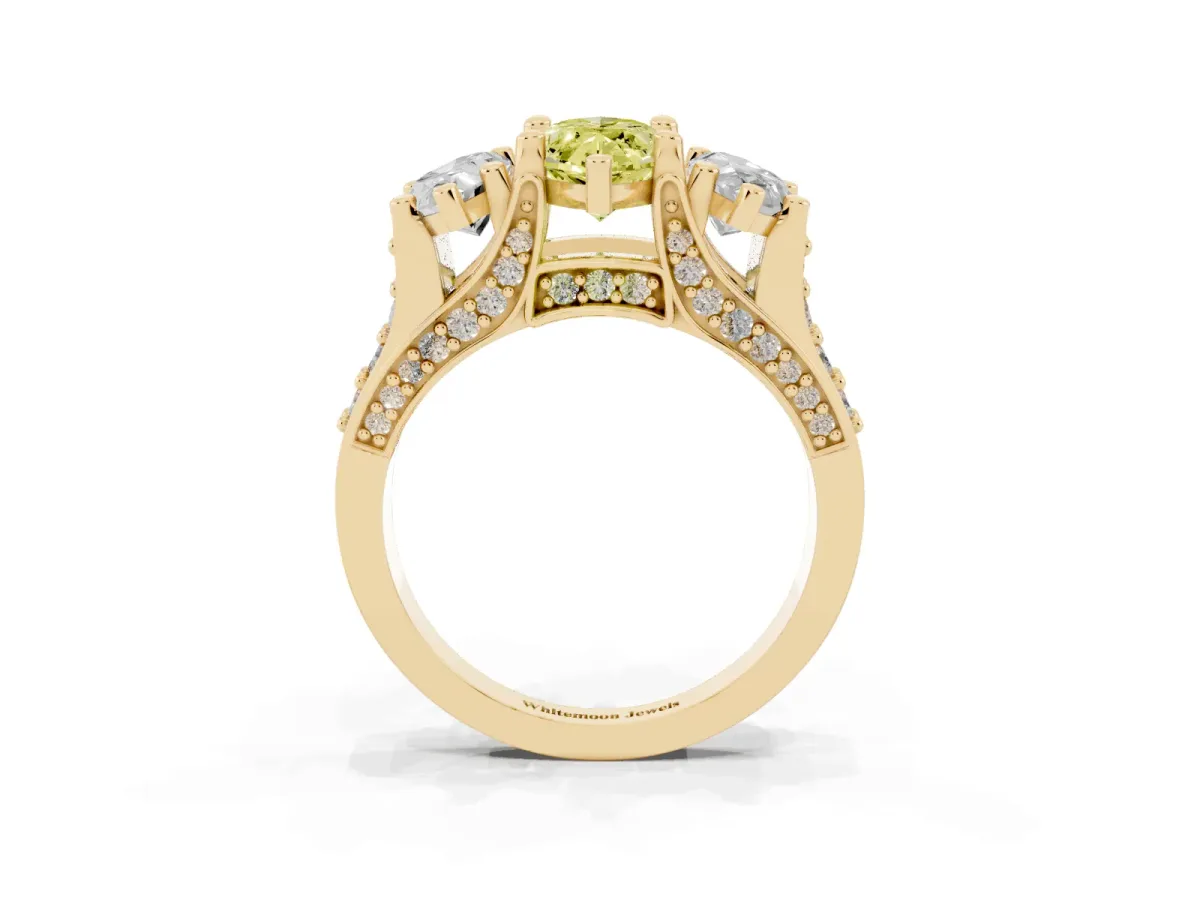 Fancy Yellow Marquise Cut Diamond Three-Stone Ring with Channel Set Band and Four-Prong Setting Yellow gold