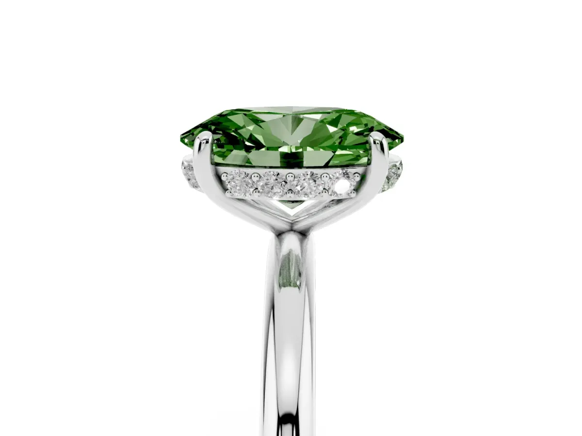 Fancy Green Oval Cut Solitaire Diamond Ring with a Classic Band and Four-Prong Setting Silver
