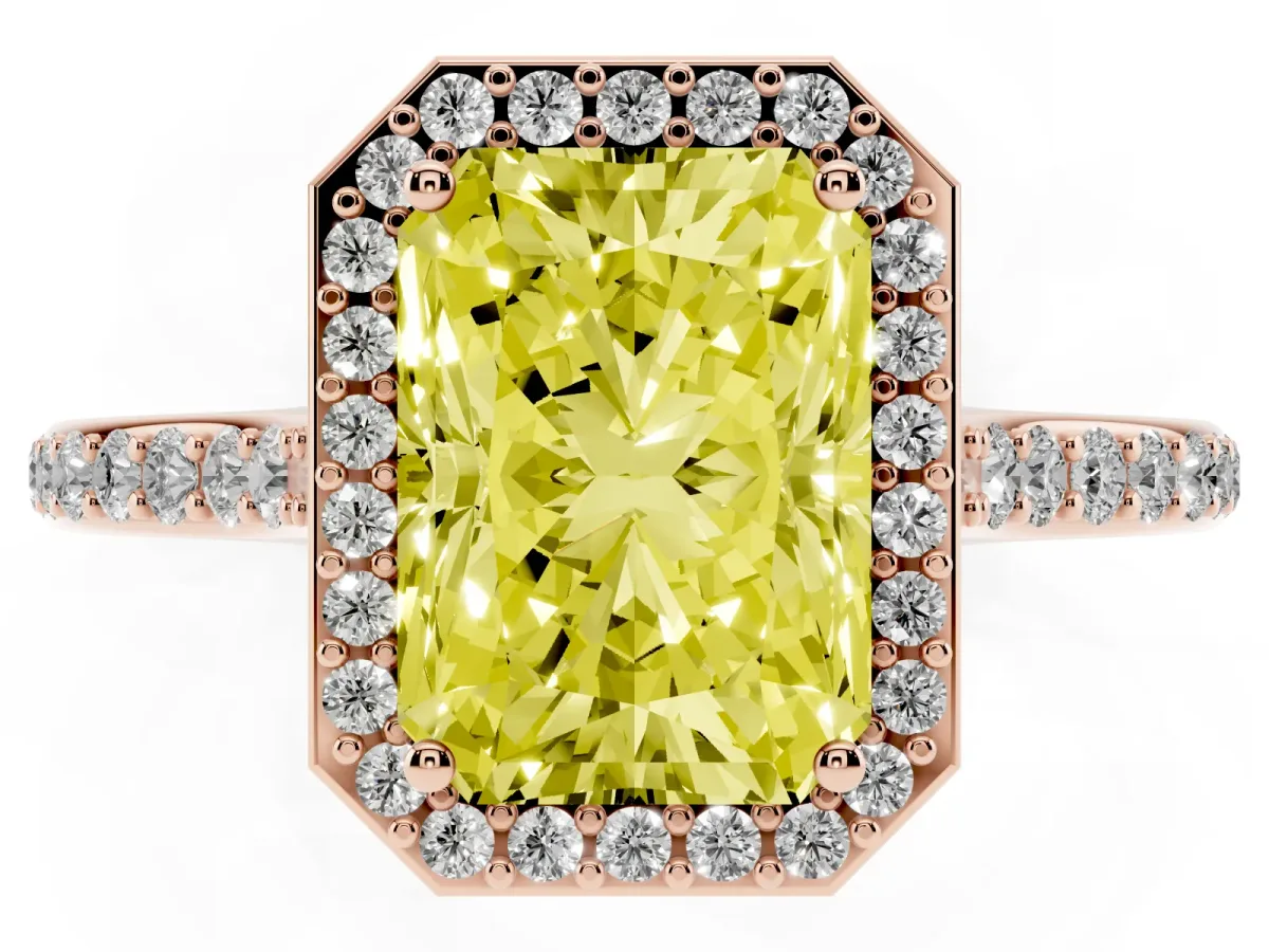 Fancy Yellow Radiant Cut Diamond Halo Engagement Ring with Round Pavé Shoulders and Prong Setting Rose gold