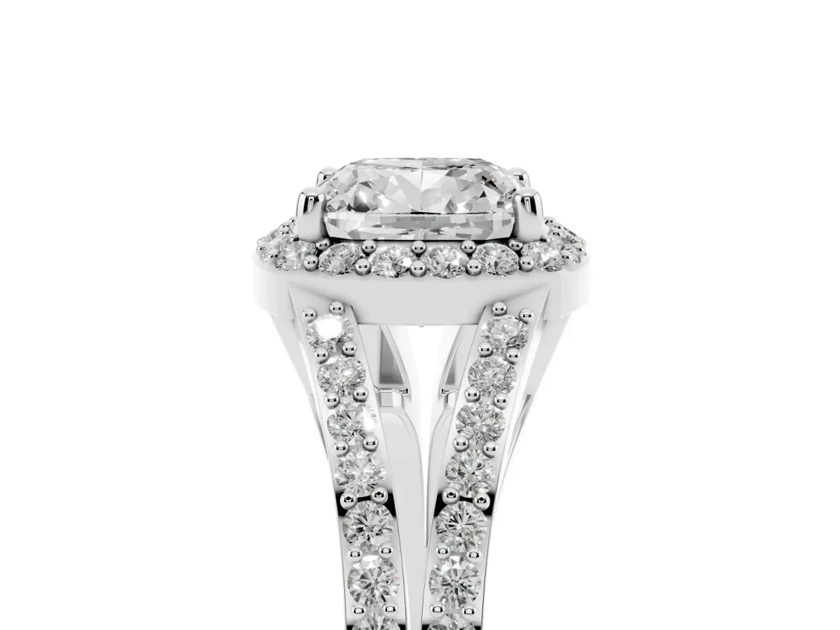 Cushion Cut Halo Split Shank Pave Diamond Ring with Four-Prong Setting Silver