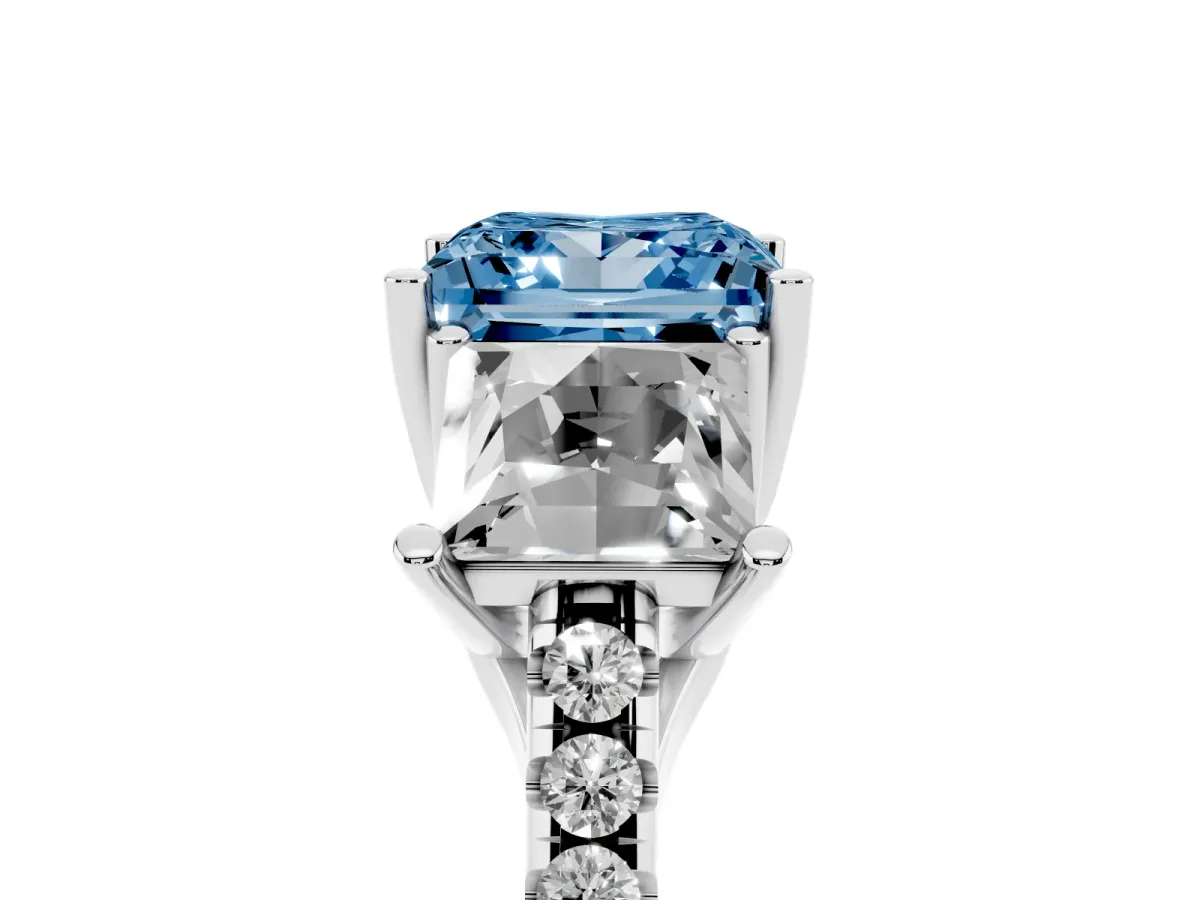 Fancy Blue Three-Stone Princess Cut Diamond Ring with Round Pavé Band and Prong Setting Silver