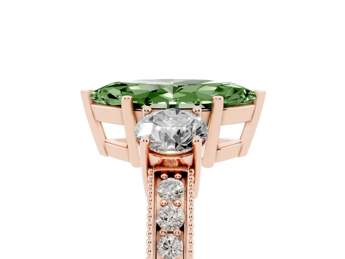 Fancy Green Marquise Cut Three-Stone Diamond Ring with Pavé Band and Four-Prong Setting Rose gold