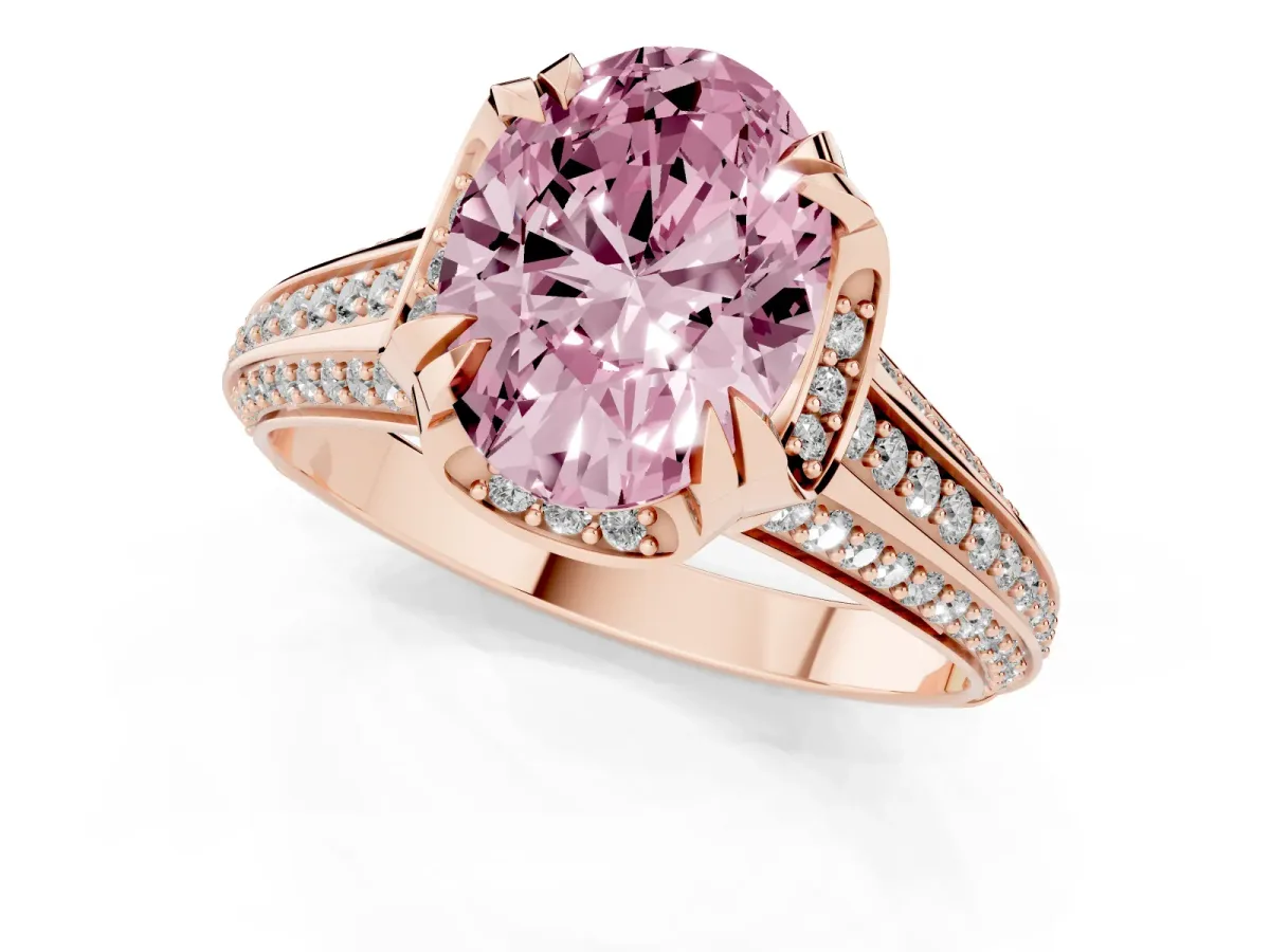 Fancy Pink Oval Cut Solitaire Pave Split Shank Ring with Four-Prong Setting Rose gold