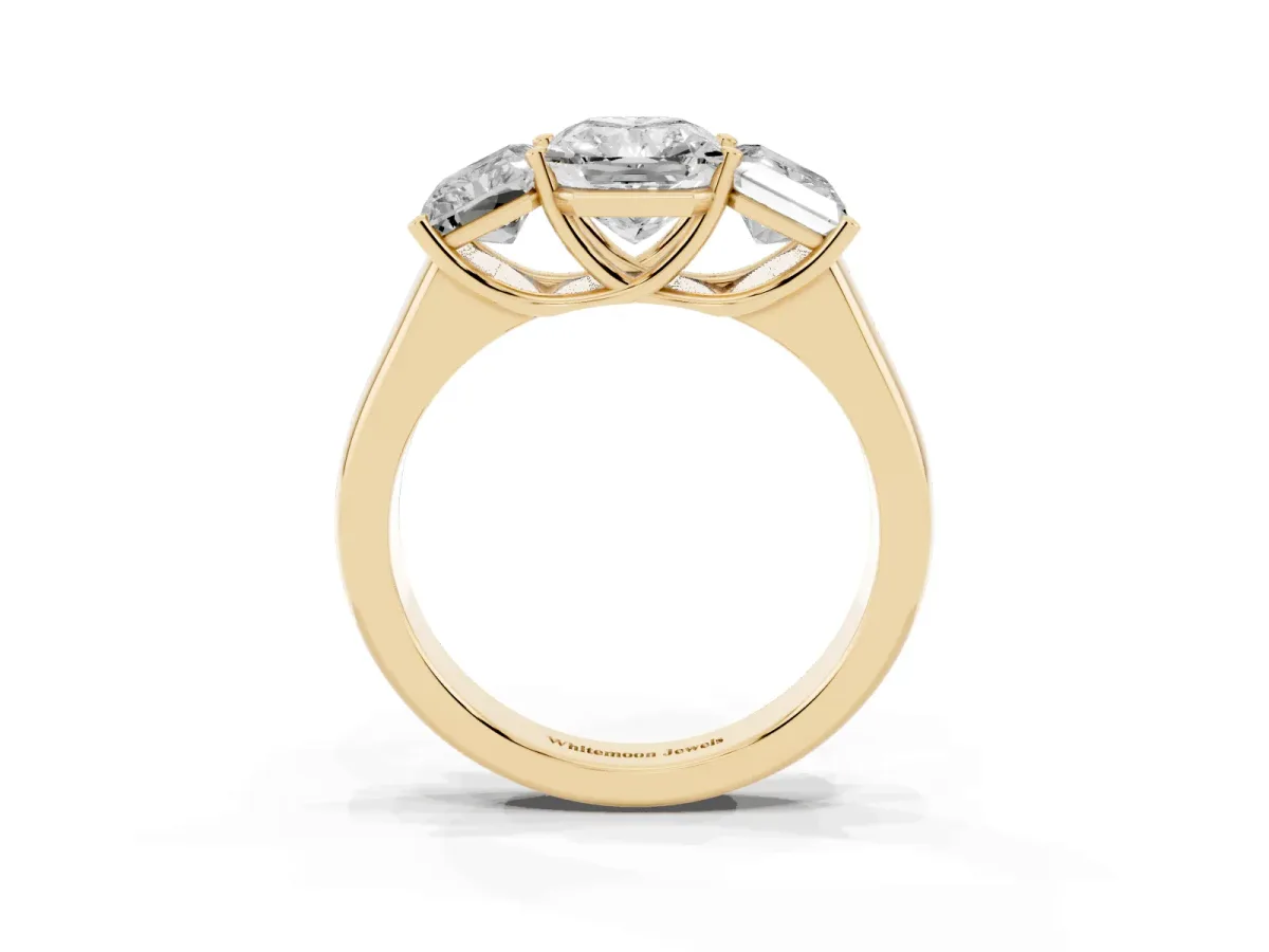 Radiant Cut Three-Stone Diamond Ring with Prong Setting on a Classic Band Yellow gold