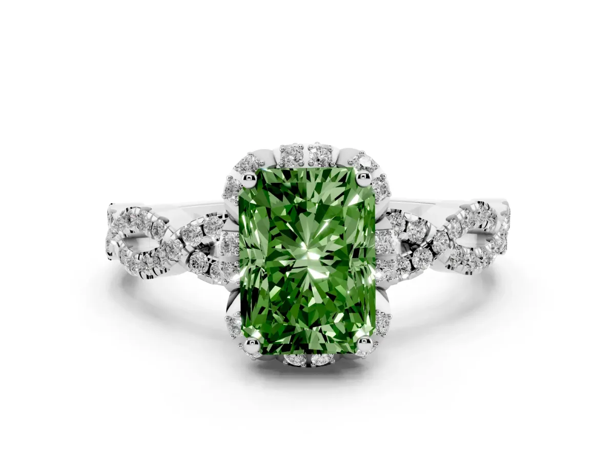 Fancy Green Radiant Cut Halo Twist Band Solitaire Ring with Six-Prong Setting Silver