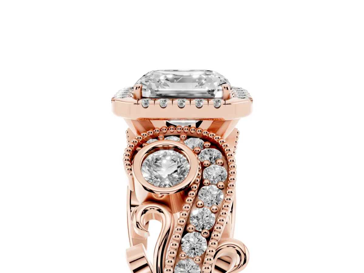 Asscher Cut Diamond Halo Ring with Milgrain Pavé Band and Four-Prong Setting Rose gold