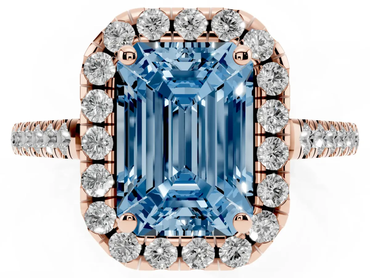 Fancy Blue Emerald Cut Halo Pavé Diamond Engagement Ring with Four-Prong Setting Rose gold