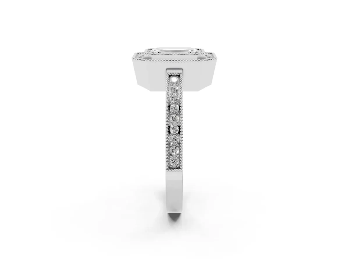 Emerald Cut Cut Halo Diamond Ring with Pavé Band and Milgrain Prong Setting Silver