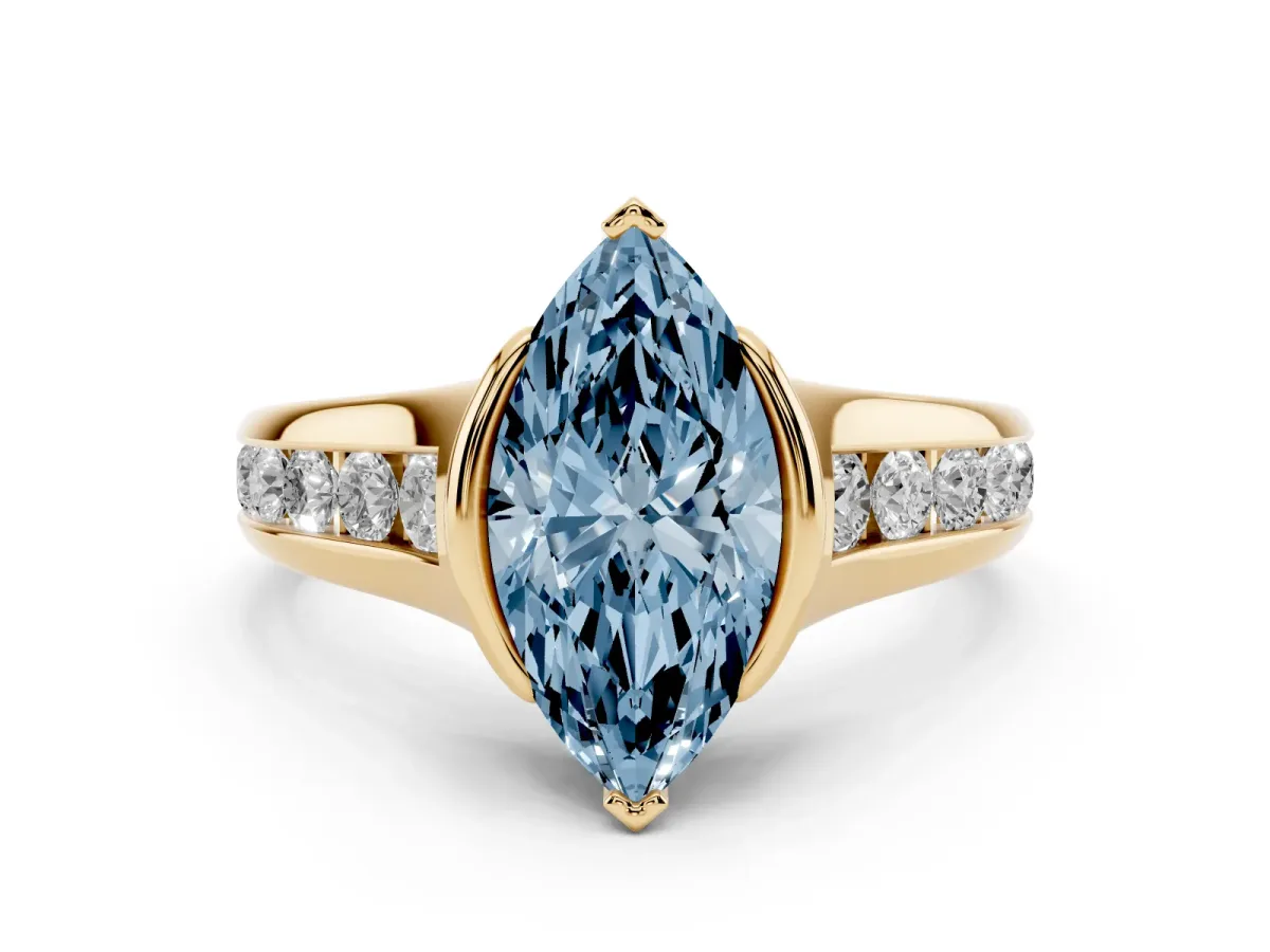 Fancy Blue Marquise Cut Solitaire Bezel-Set Diamond Ring with Channel-Set Band Yellow gold