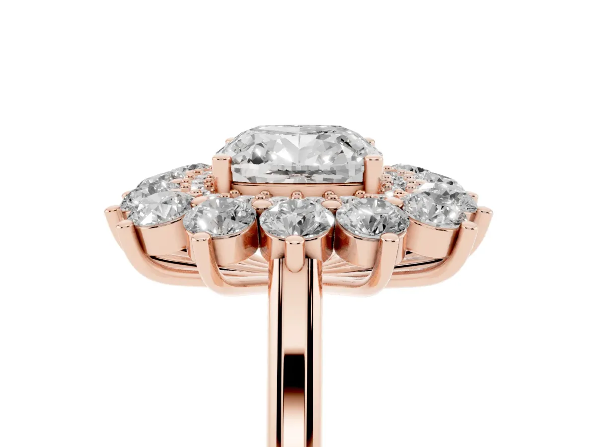 Cushion Cut Diamond Floral Double Halo Engagement Ring with Prong Setting Rose gold