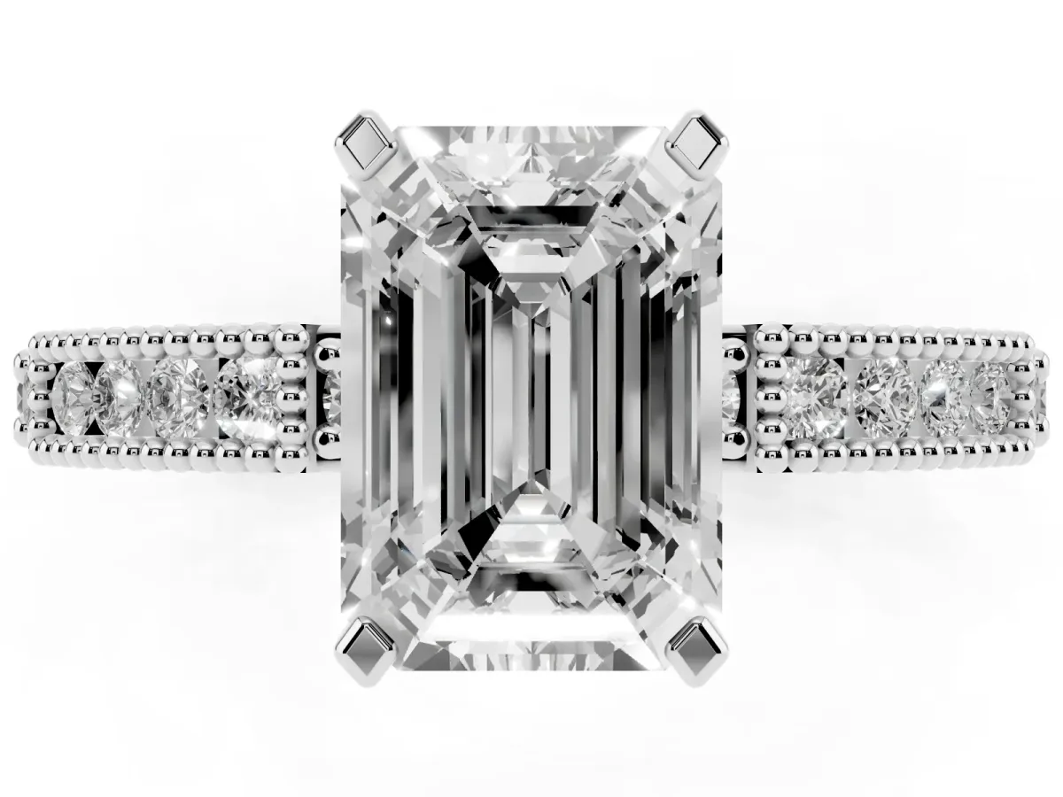 Emerald Cut Solitaire with Pavé Band and Four-Prong Setting Silver