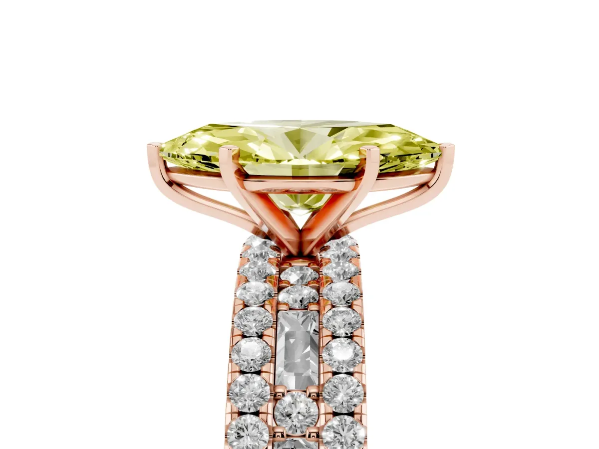 Fancy Yellow Marquise Cut Diamond Solitaire Ring with Pavé and Channel Set Band Rose gold
