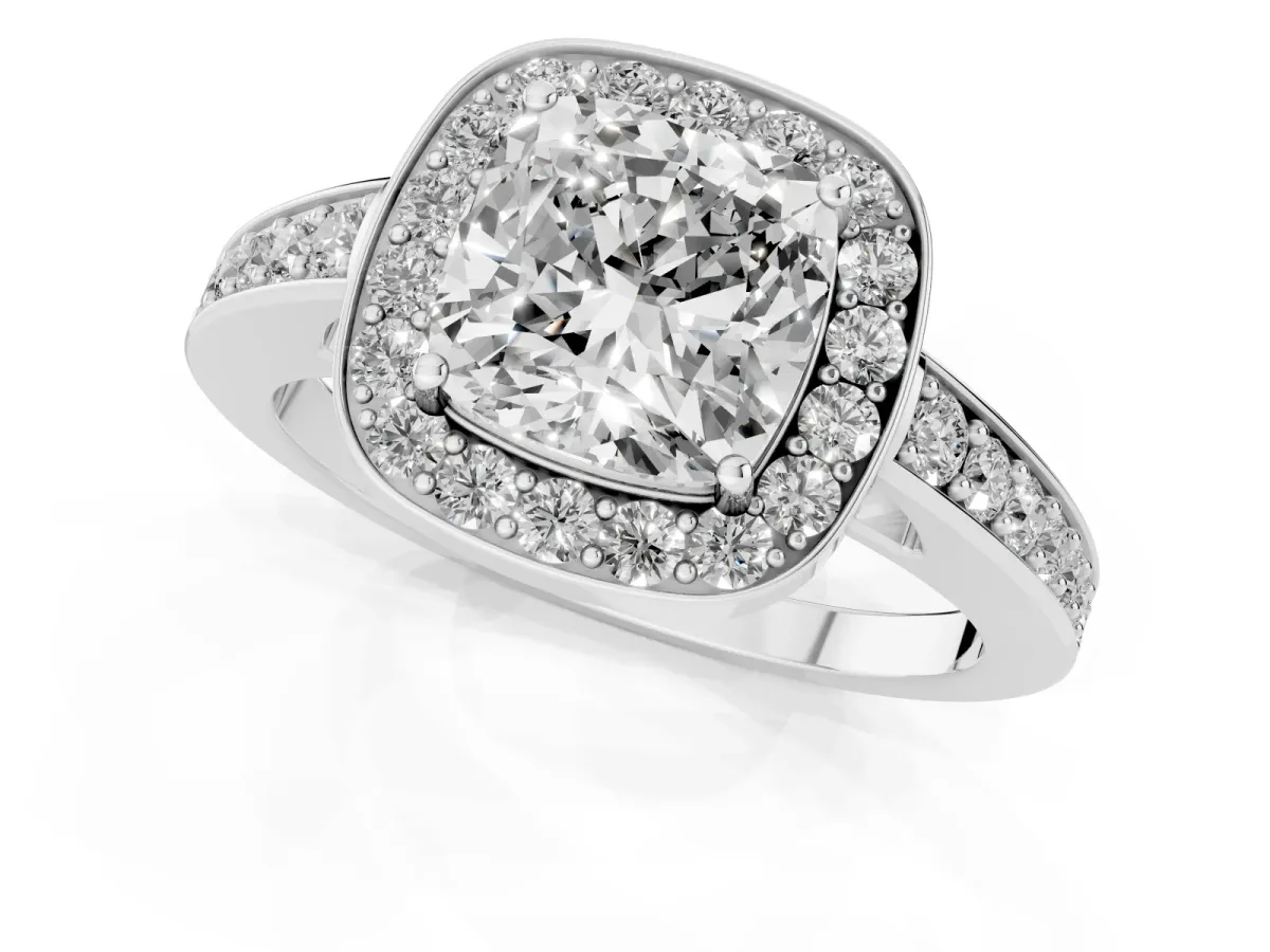 Cushion Cut Halo Pavé Diamond Engagement Ring with Bezel Setting Silver