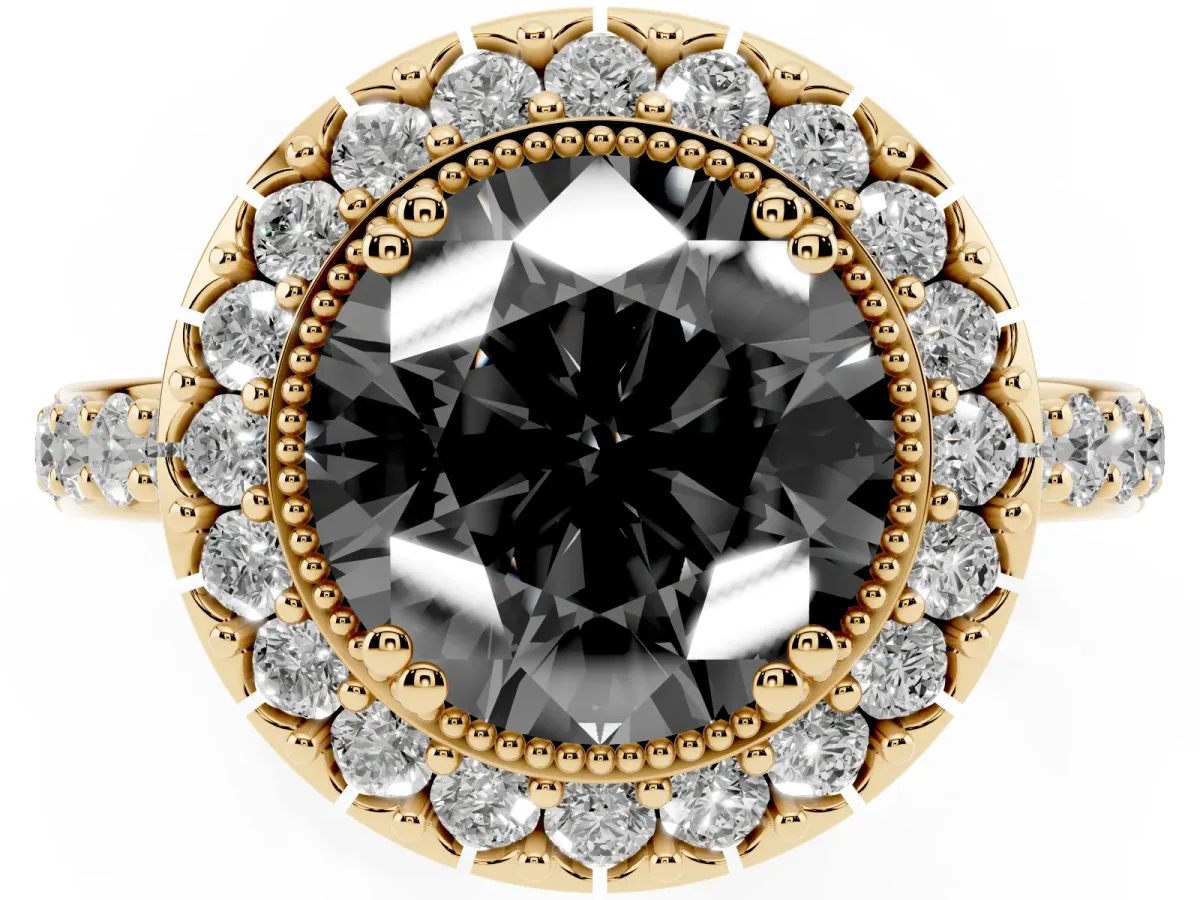 Fancy Black Round Cut Diamond Halo Ring with Pavé Band and Prong Setting Yellow gold