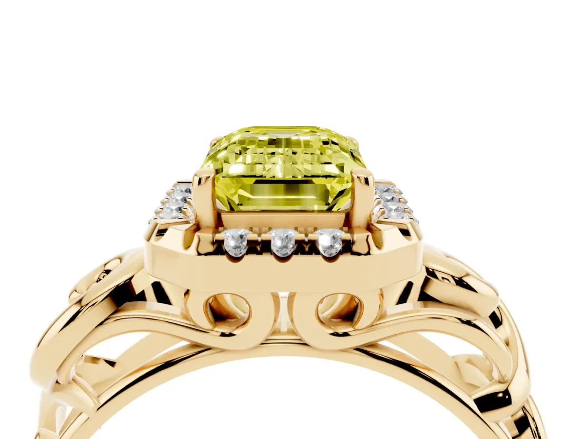 Fancy Yellow Emerald Cut Cut Halo Diamond Ring with Scrollwork Band and Four-Prong Setting Yellow gold