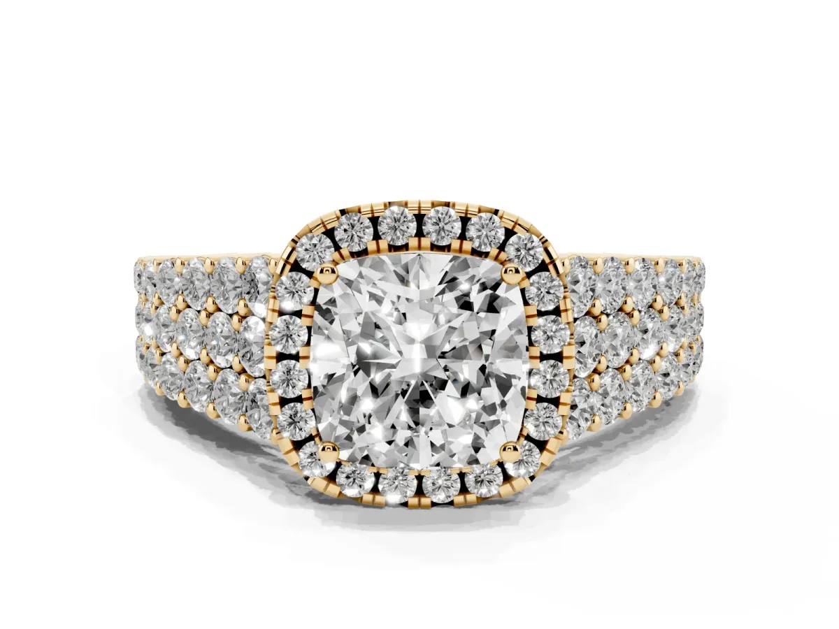 Cushion Cut Diamond Halo Engagement Ring with Triple Row Round Pavé Band and Prong Setting Yellow gold