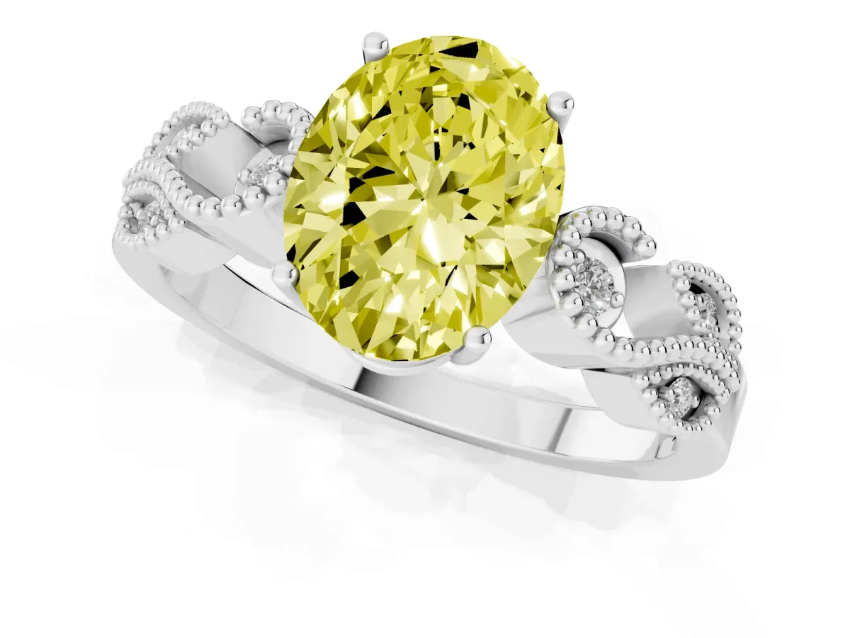 Fancy Yellow Oval Cut Solitaire Milgrain Leaf Band with Prong Setting White gold