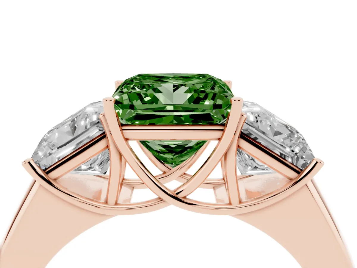 Fancy Green Three-Stone Princess Cut Cut Diamond Ring with Prong Setting and Classic Band Rose gold
