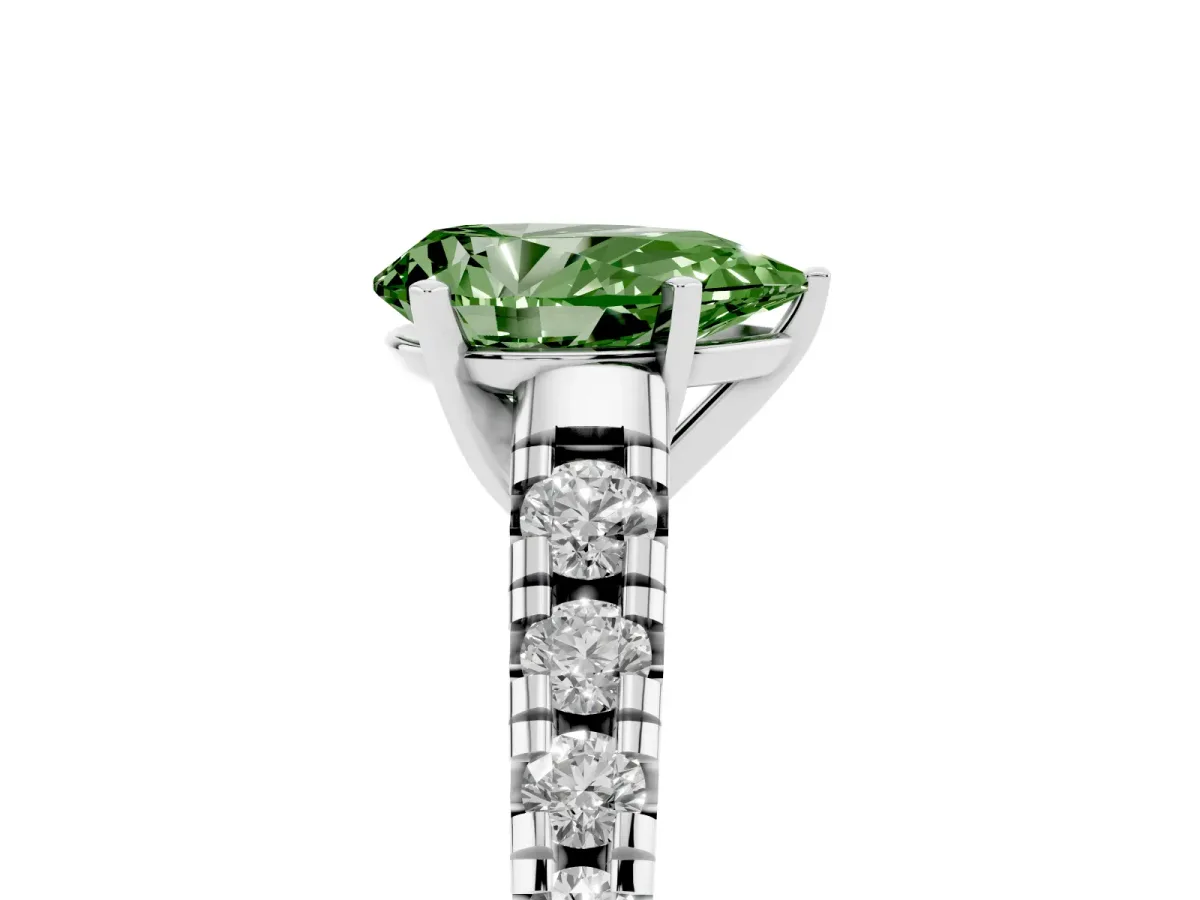 Fancy Green Pear Cut Diamond Cathedral Solitaire Ring with Round Pavé Band Silver