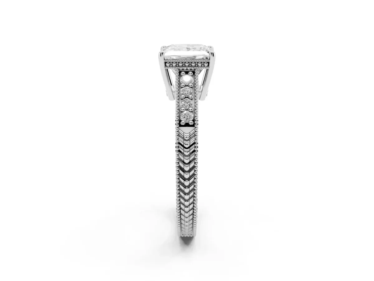 Princess Cut Solitaire Pavé Diamond Milgrain Engagement Ring with Four-Prong Setting Silver
